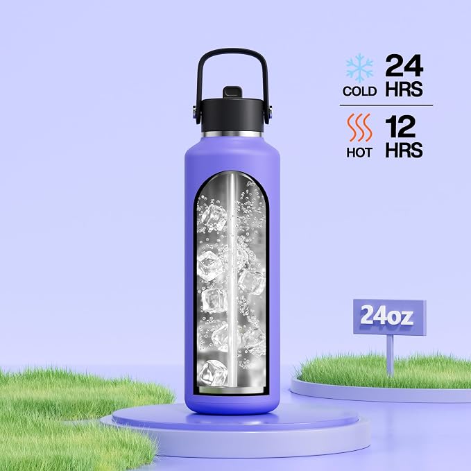 POWCAN 24 oz Travel Water Bottle: Leakproof, Cold for 24H, BPA-Free, Top Handle, Insulated Stainless Steel Water Bottle with Straw for School, Outdoors, Teens, Running, Sport, Trip (Violet's Tale)