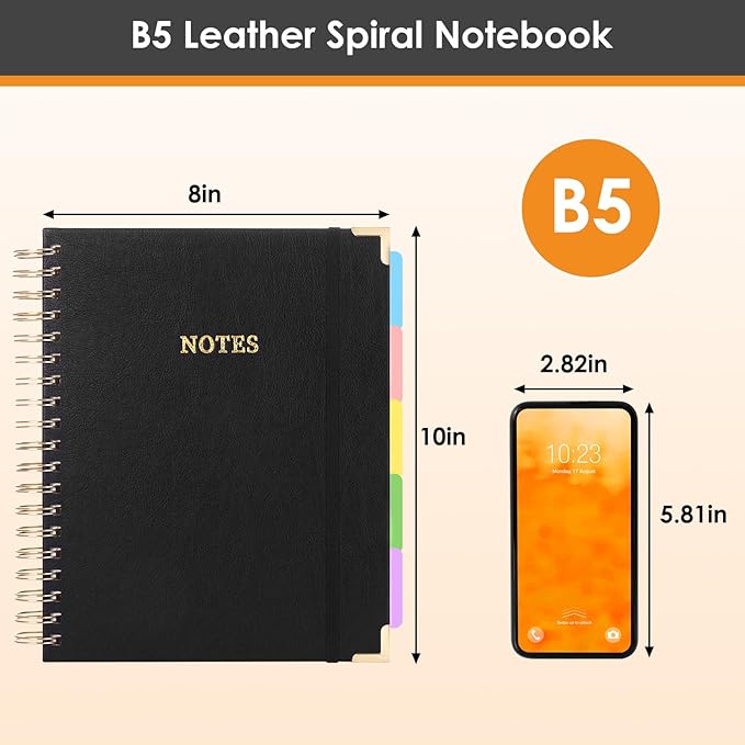 LABUK Leather Spiral 5 Subject Notebook with Removable Dividers Tabs, 300 Pages B5 Hardcover Spiral Notebook, 8"x10" Journal for Work School Note Taking, College Ruled Journal for Women, Black