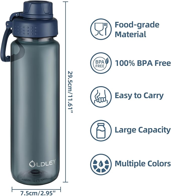 OLDLEY 32 oz Water Bottle, Sports Tritan Water Bottle with Carry Handle and Spout Lid, Leakproof & BPA Free Large Water Bottles for Home,Travel, School, Outdoors, Gym,Ink Blue