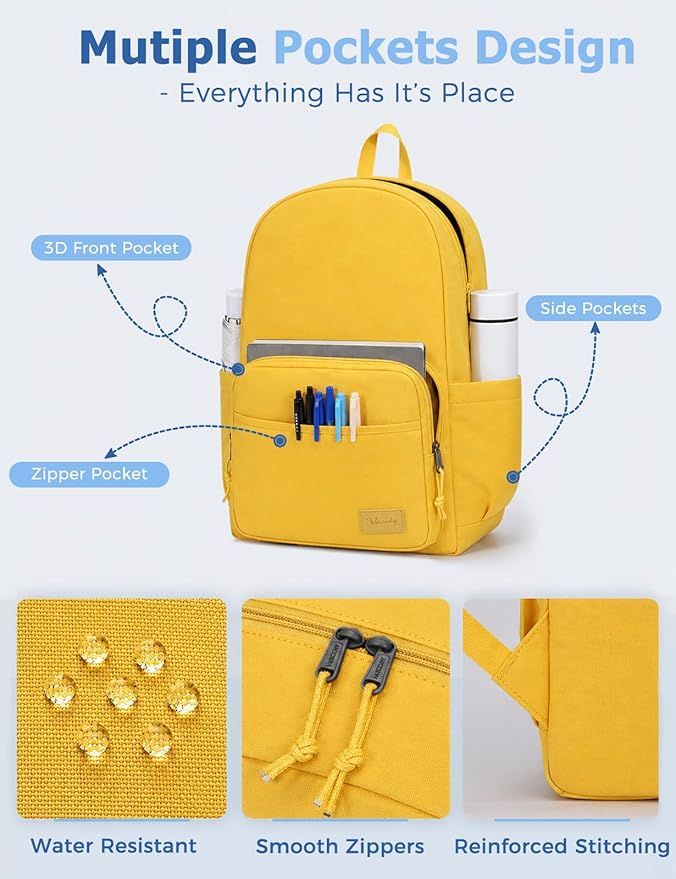 VASCHY School Backpacks, Lightweight Bookbag Schoolbag for Boys Girls Casual Basic Simple Daypack for Women Yellow