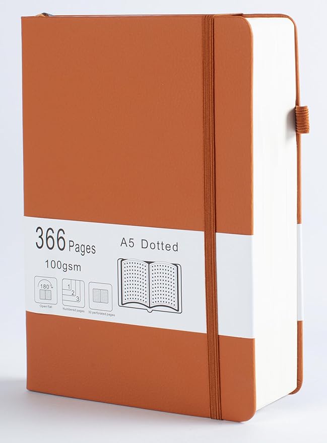 Thick Bullet Notebook with 366 Numbered Pages, A5 Dotted Journal for Writing with 100GSM Dot Grid Paper, Hardcover Leather Notebooks for Women Men School Note Taking Office Work Diary, 5.7"x8.3" Brown