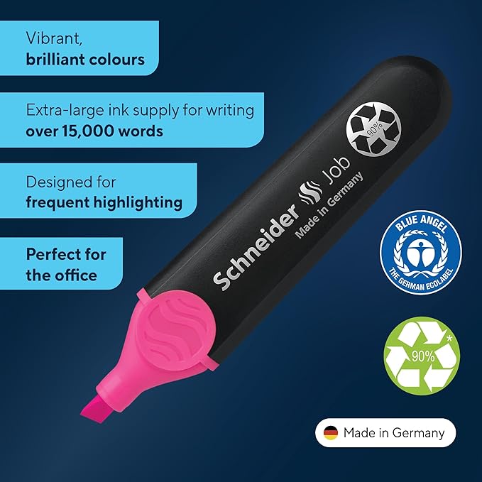 Schneider Job Highlighter, Chisel Tip, 1 + 5 mm, Black Barrel, Pink Ink, Box of 10 Highlighters (1509)