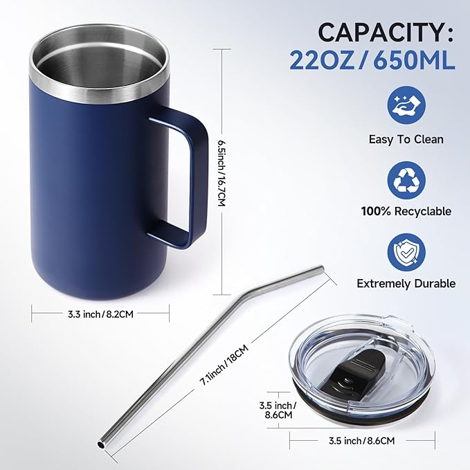 Volhoply 22oz Insulated Stainless Steel Coffee Mug with Leakproof Lid,Double Wall Vacuum Travel Coffee Cup with Handle,Reusable Metal Tumbler,Camping Mugs Keep Hot&Cold(Navy,1)
