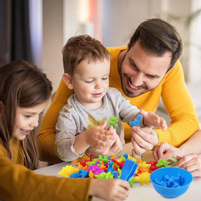 RAEQKS Counting Sorting Dinosaur Toys Montessori Sensory Matching Toy with Bowls Preschool Learning Activities Educational Stacking STEM Game Animals Gifts Sets for Kids Aged 3+ Years Old Boys Girls