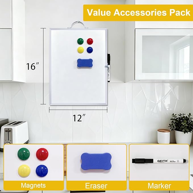 Small White Board,16"X12"Portable Aluminum Frame Whiteboard, Magnetic Double Sided Dry Erase Board, with A Handle and Side Pen Clip,for Office, Home,School,Includ 4 Magnets,1 Eraser,1 Marker (Silver)