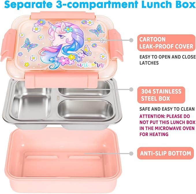 Stainless Steel Bento Lunch Box for Kids, 710ml/23.5oz BPA-Free Leak-Proof Food Containers with 3 Compartments, Back to School Students Daycare Lunches Snack Container Size for Ages 3-7