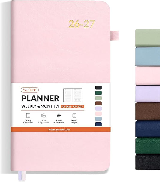 SUNEE 2026-2027 Pocket Weekly Planner for Purse 3.5" x 6" - 12 Month (July 2026 - June 2027) Academic Year Calendar, Pocket Size Planner, Hardcover, Note, 100 GSM Paper, Pink