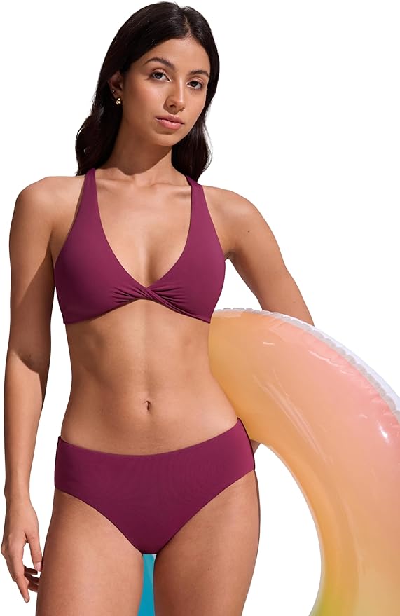 CRZ YOGA Twist Front Bikini Tops for Women - Padded V Neck Criss Cross Back Triangle Sexy Swim Bathing Suit