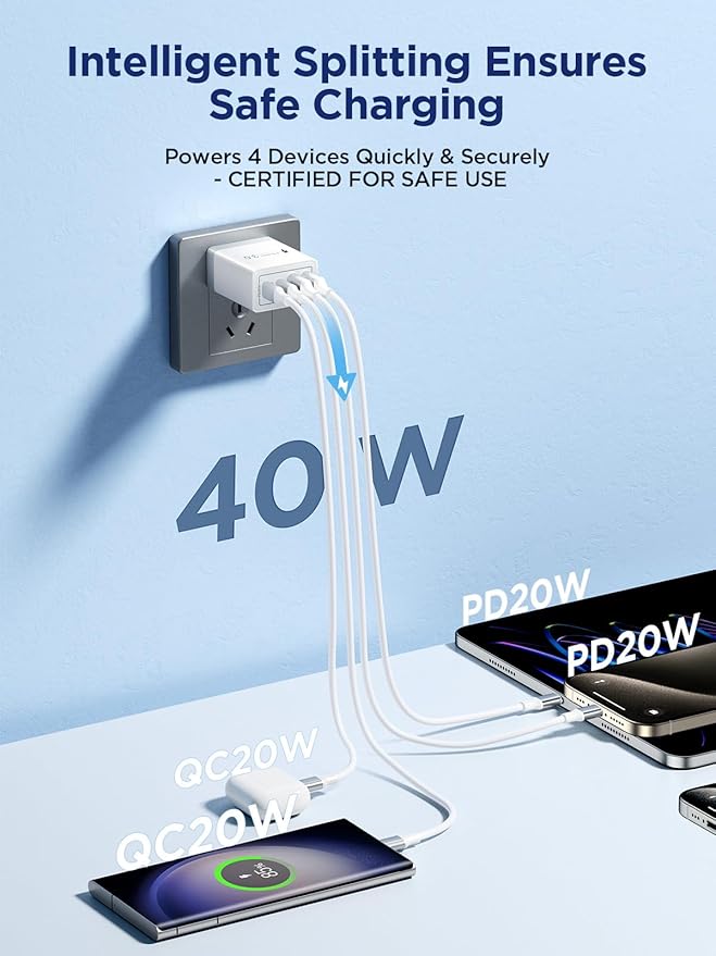 3 Pack USB C Charger Block, 40W 4-Port Fast Charger 20W Type C Charging Block 3.1A USB Wall Charger Dual Port PD+QC Charging Cube for iPhone 17 16 15 14 13 12 Pro Max XS, iPad, Samsung Phone, Tablet