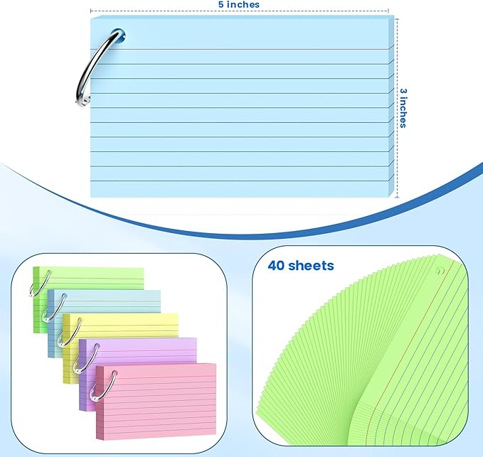 250 Count Index Cards 3x5 Inch with Key Ring, 180gsm Heavy Weight Colored Flash Cards 5 Color Assortment (50 Sheets Each) Note Taking for Students, Study Note Cards for Office School Supplies