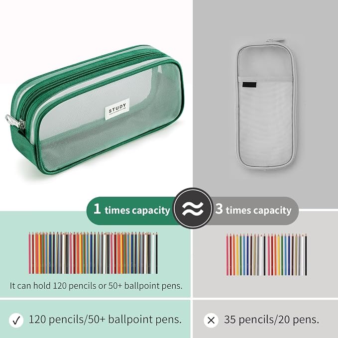 Grid Mesh Pencil Case Pouch Large Capacity Pencil Bag with Zipper | Big Pencil Pouch Dark Green Simple Stationery Bag Aesthetic Pen Bag for School Teen Girl Boy Multi-Purpose Bag for Office Men