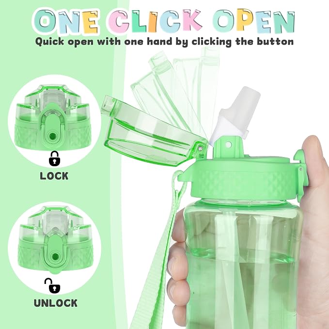 OLDLEY 12oz Kids Water Bottle, Tritan BPA-Free, Leakproof Flip Straw Lid, Motivational Time Marker, Carry Strap, Reusable Clear Water Bottle for Boys & Girls,Pear