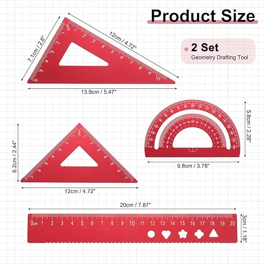 PATIKIL 8Pcs Geometry Drafting Tool, Aluminum Alloy Geometry Kit Math Tool Includes 20cm Ruler Protractor Triangles for Drafting Angle Measure Simple Science Experiment, Red