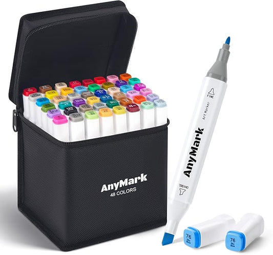AnyMark Alcohol Markers, 48 Colors Dual Tip Art Coloring Markers Set for Adult Book Drawing Sketching Painting, Chisel & Fine, White Penholder