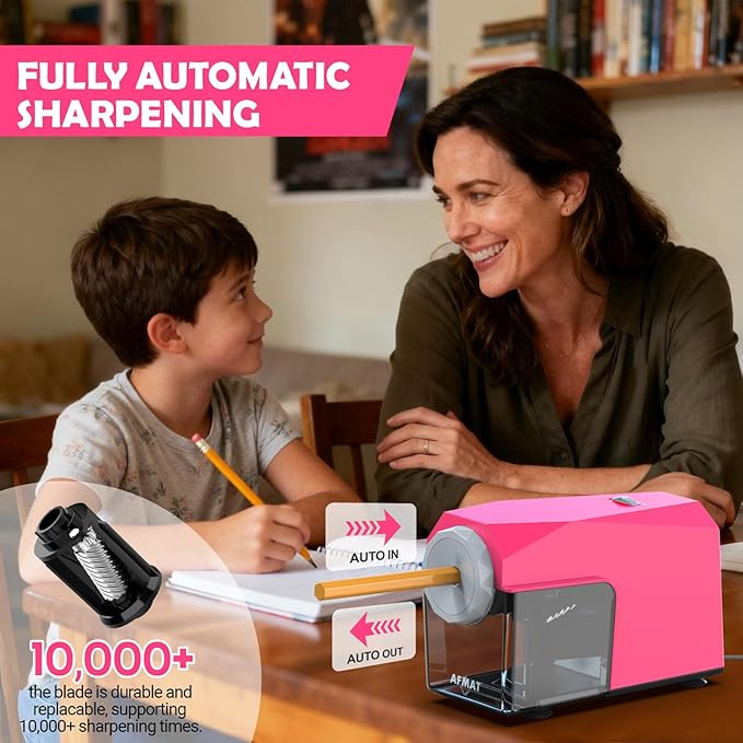 AFMAT Electric Pencil Sharpener, Fast & Hands-Free, 10K+ Uses, 5 Nibs, Fully Automatic Pencil Sharpener for Classroom, Heavy Duty Sharpeners for No.2/Jumbo/Colored Pencils (6.5-10.5mm) US Plug(120V)
