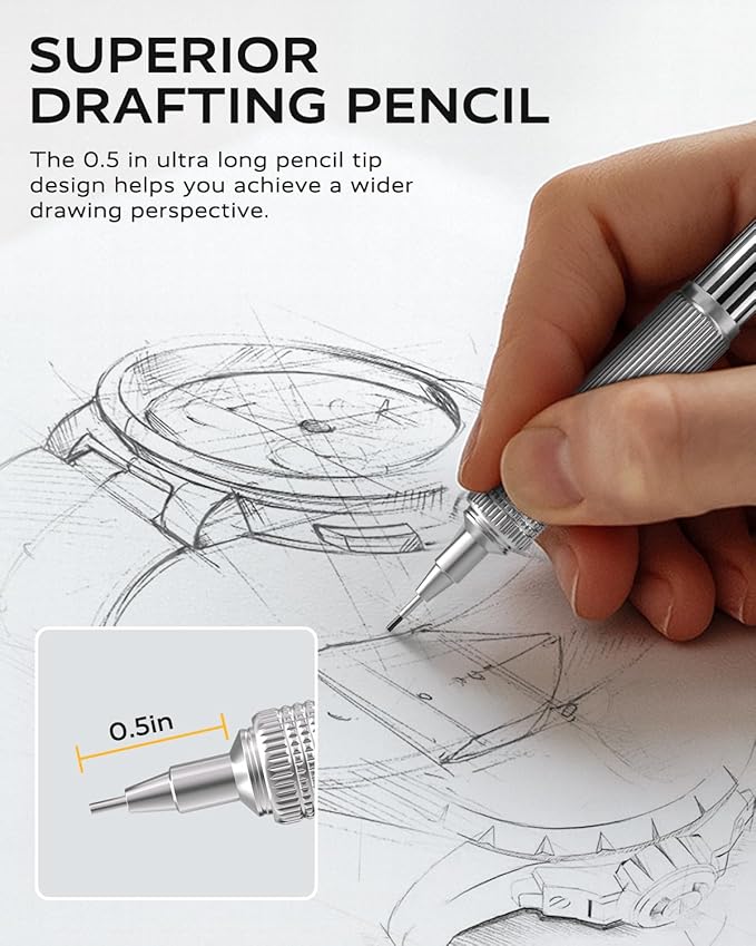 STAGEEK 0.5mm Mechanical Pencil with Metal Gift Case, 1PCs Metal Mechanical Pencil with 120PCS HB Lead Refills,4B Erasers and 9PCS Eraser Refills, for Writing Drafting Drawing and Sketching(Silver)