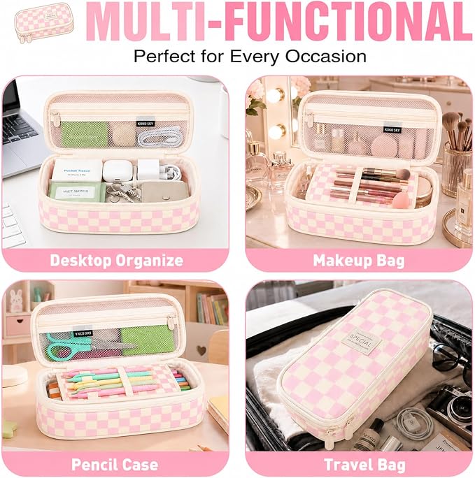 Pencil Case, Large Capacity Aesthetic Pencil Cases with Durable Zipper, Big Stationery Pencil Pouch for Women & Men , Adults Portable Storage Organizer Bag for College, Office, Travel (Pink Grid)