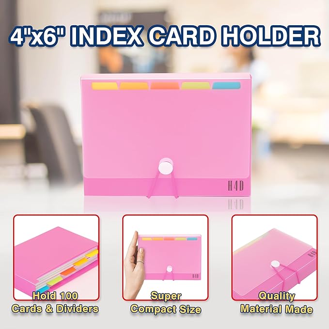 H4D 4x6 Index Card Case with 100 Heavyweight Ruled Index Cards and Dividers, Pink