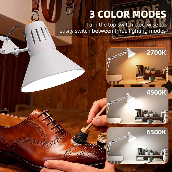 LED Desk Lamp Dimmable with Clamp, Eye-Caring Clip on Lights for Home Office, 3 Adjustable Color Temperature,Extra Tall Metal Swing Arm, High Intensity Clamp w/A19 E26 Bulb for Working Reading