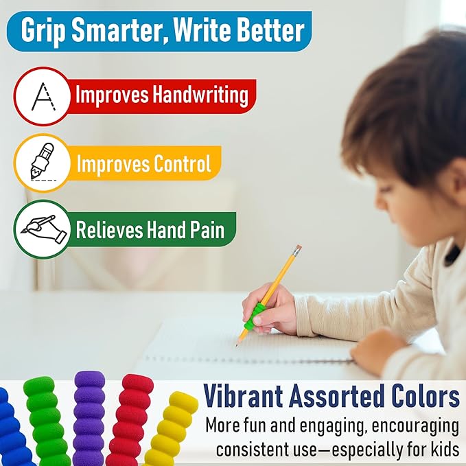 Pencil Grip The Classics Ridged Foam Grip 12 Pack – Ergonomic Writing Aid for Kids & Adults, Soft & Comfortable, Fits Pens, Pencils, Crayons, Right or Left Handed, Assorted Colors, Classroom Supplies