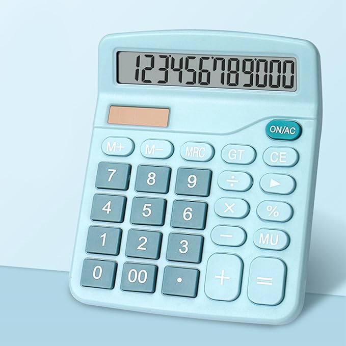 Fdit Solar Calculator, 12 Digit Portable Desktop Calculator with Solar Power and Light Textured Keys, for Students Teachers and Office Workers (Blue)
