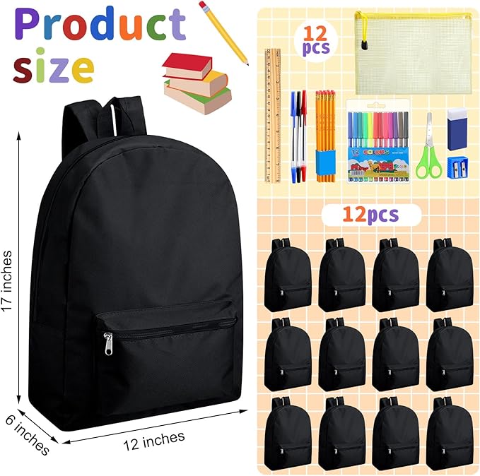 Silkfly Black 24 Pack 17'' Backpacks Bulk with 24 Stationery Supply Sets, Bookbags and Writing Accessories Kit for Donation