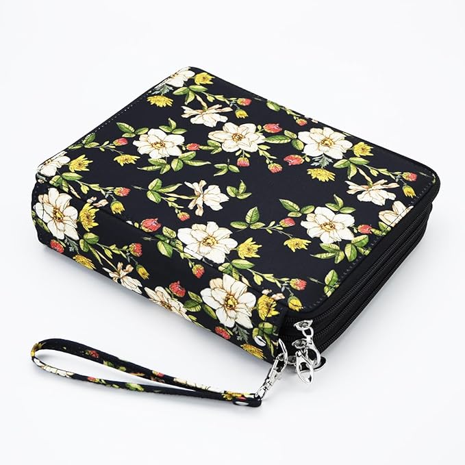 YOUNGCOL 120 Slots Colored Pencil Case Color Pencil Organizer Storage Large Capacity Pencil Case (Black + Retro Flower)