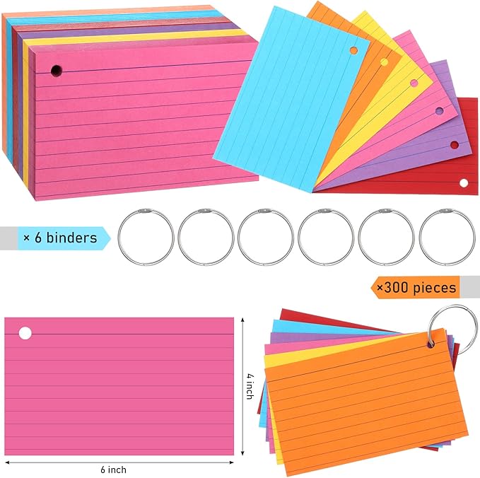 Epakh 300 Pieces Lined Index Cards 180 GSM Thick Flash Cards with Rings Notecards Punched Back to School for Studying Adults Home College Office(3 x 5 Inch,Dark Color)