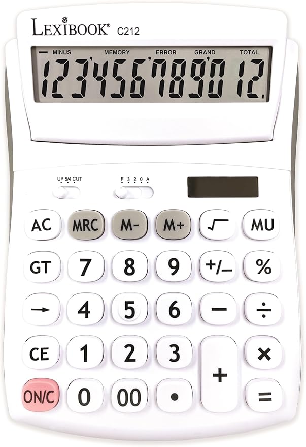 Lexibook - 12 Digit Desktop Calculator with Folding Display - Basic and Memory Function - Large Keys and Screen for Office, School, Home - Solar & Batteries - White/Gray - C212