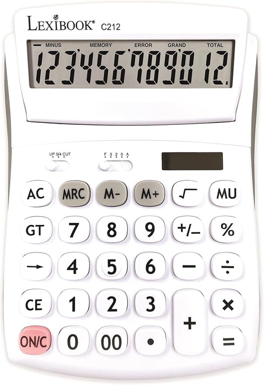 Lexibook - 12 Digit Desktop Calculator with Folding Display - Basic and Memory Function - Large Keys and Screen for Office, School, Home - Solar & Batteries - White/Gray - C212