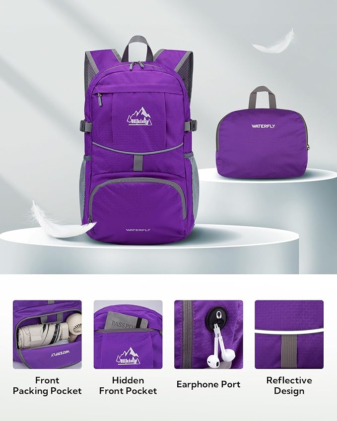 WATERFLY Hiking Packable Daypack Backpack: 25L Ultra Lightweight Day Pack for Women Men - Small Compact Folding Back Pack for Outdoor Sport Cycling Camping Travel Trip - Purple