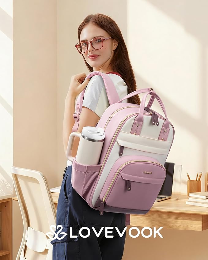LOVEVOOK Laptop Backpack Women with Giant Tumbler Holder,18.4 inch Work Travel Backpack Computer Laptop Bag,Cute College Nurse Teacher Backpack Purse,Gifts for Women & Men,Pink-Off-white-Light pink