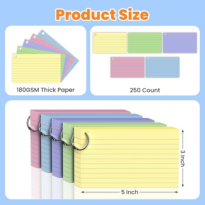 500Count Colored Index Cards 3x5 Inch with Ring, Heavy Weight Flash Cards, Note Taking Supplies, Portable Note Cards, Study Flashcards for Students & Teachers, Office Home School Study Supplies