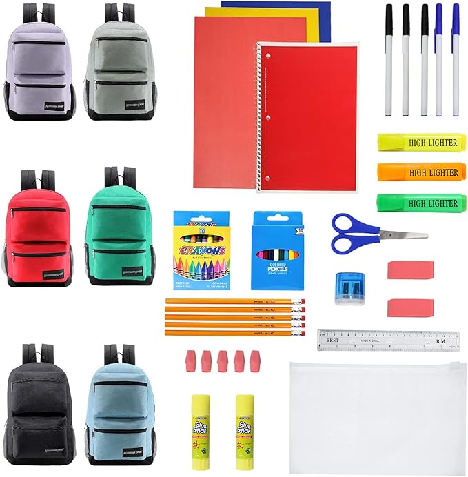 Moda West 12-Pack 19” Sport Backpacks with 50 Piece School Supplies Kits - Pens, Pencils, Crayons – Bulk Bundle for Elementary, Middle, and High School Students, 6 Assorted Styles