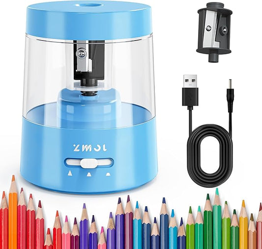 ZMOL Colored Pencil Electric Sharpener, Auto Stop, Plug-in Small Electric Sharpener Battery Powered for 6-8mm No. 2 Pencils Blue