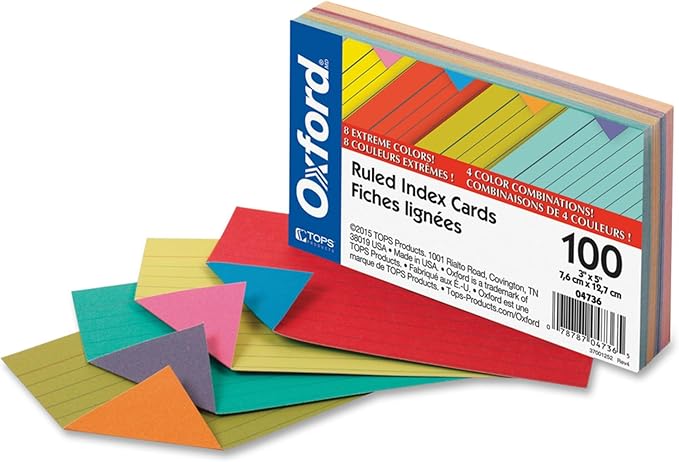 Oxford Extreme Index Cards, 3 x 5 Inches, Assorted Colors, 100 per pack (04736)