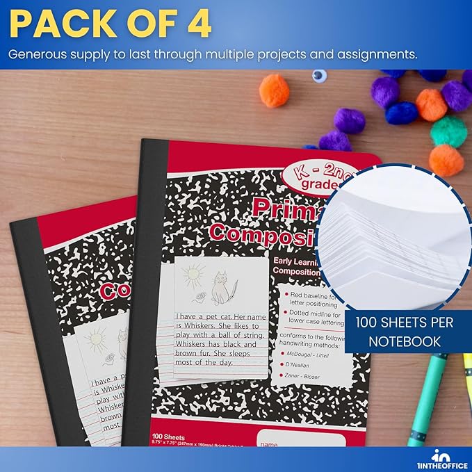 1InTheOffice Primary Composition Notebook K-2, Primary Journal, Kindergarten Notebook, 7.5" x 9.75", 100/Sheets, Red/Black Marble, 4 Pack