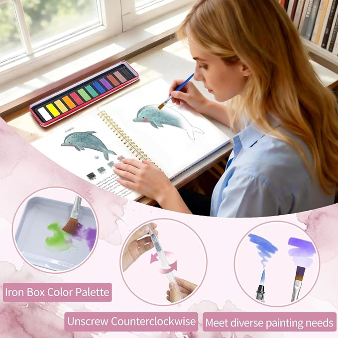 Watercolor Workbook, Watercolor Coloring Book Beginner Friendly Painting kit for Adults, 12 Colors Water Color Paint with Palette & 2 Brush, Exploration Gift (Animals)
