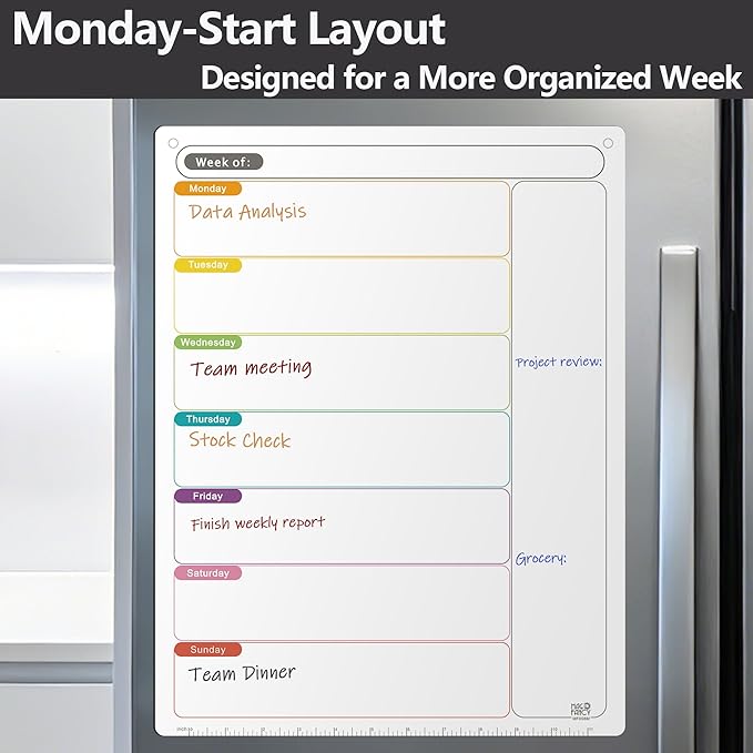 Monday Start Weekly Planner for Fridge, Magnetic Dry Erase Whiteboard Planner with Notes, Extra-Strong Magnetic Hold, Includes 5 Markers & Eraser, Workweek Schedule & Weekly Menu Board