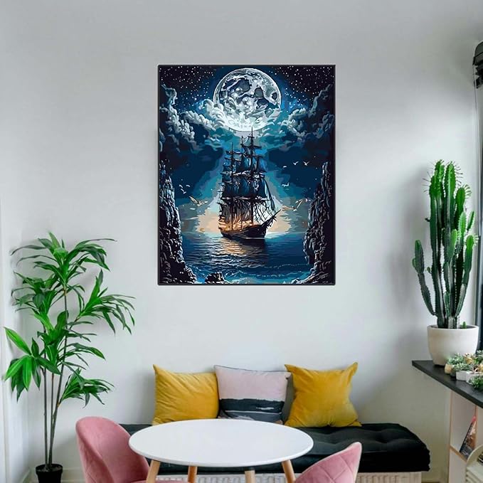 YPF Paint by Numbers for Adults Landscape Paint by Number on Canvas, DIY Steamship Moon Acrylic Oil Painting Kits with Brushes for Home Wall Decor (16x20 inch)