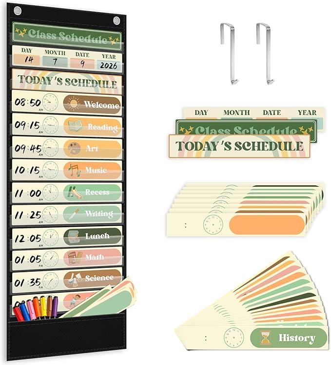 AKAYOK Boho Daily Schedule Pocket Chart, 13+1 Pocket Visual Schedule for Kids, Includes 24 Reusable Dry-Erase Cards, Daily Planner with Hourly Schedule for Classroom, Office, Home, School Activities