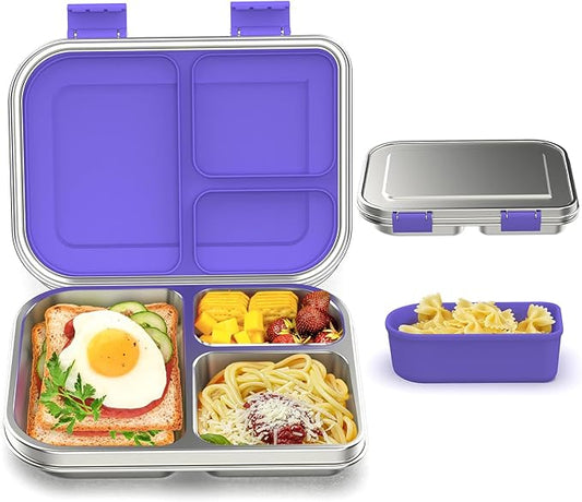 BABHAMNESS Stainless Steel Bento Box Kids, 3 Compartments Leak Proof Metal Bento Lunch Box, 304 Stainless Steel Bento Lunch Containers for School and Office,Dishwasher Safe, BPA-Free-Purple
