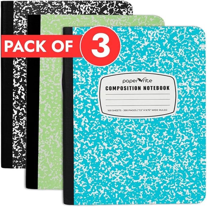 Assorted Marble Composition Notebook Wide Ruled (9.75x7.5 in), 100 Sheets | 200 Pages | For School, Office, Students, Teachers (3, Black-Blue-Green)