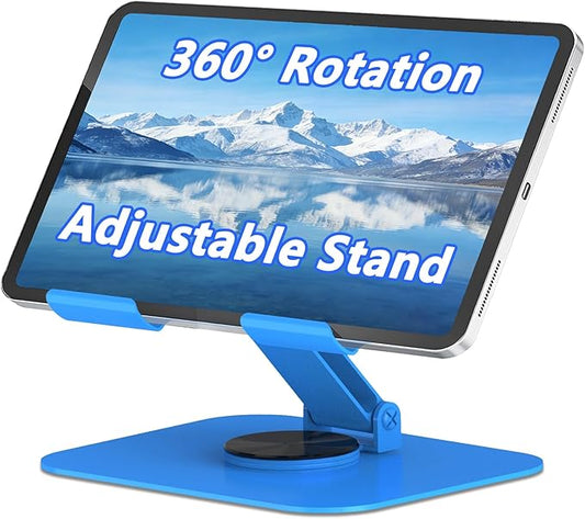 360° Rotation Tablet Stand, Ultra Stability Base Fully Folded Easy to Store and Carry Adjustable iPad Stand Compatible with 4-13" Tablet E-Reader iPad Pro/Air/Mini and More (Blue)