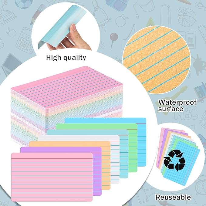 Harloon 100 Pcs Dry Erase Index Cards 3 x 5 Inch Laminated Reusable Dry Erase Note Cards Sheets for Office Home Housework to Do List (Ruled Candy Color)
