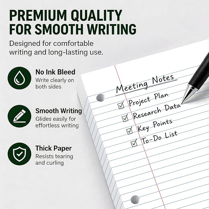 Loose Leaf Paper, 75 Sheets Notebook Lined Pads, 8 x 10.5 College Ruled Filler Paper, 3-Hole Punched Binder Paper for 3-Ring Binders, Double-Side Printed Note Pads for Home, Office, School, 1 Pack