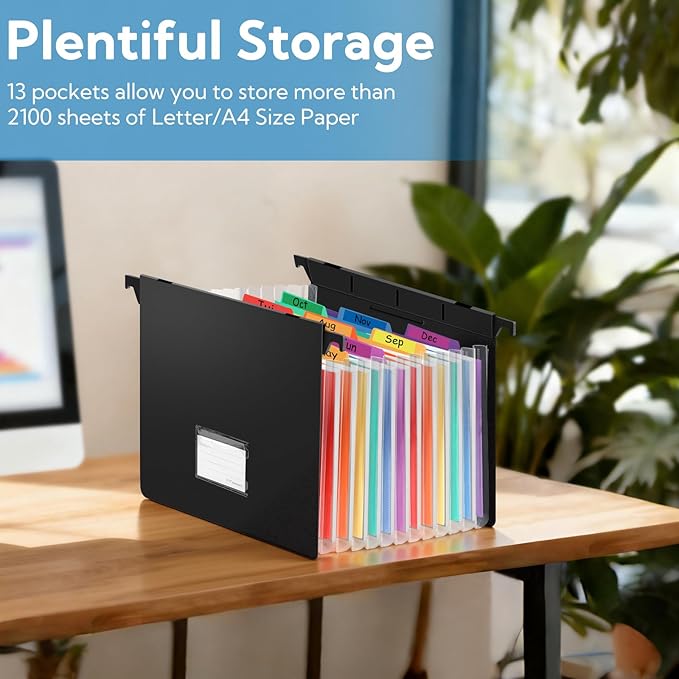 3 Pack Suspended Type Accordion File Organizer,13 Pockets Expanding File Folder,Important Large-Capacity Document Organizer with Blank Labels, for Enterprise, Office, Home Document Storage
