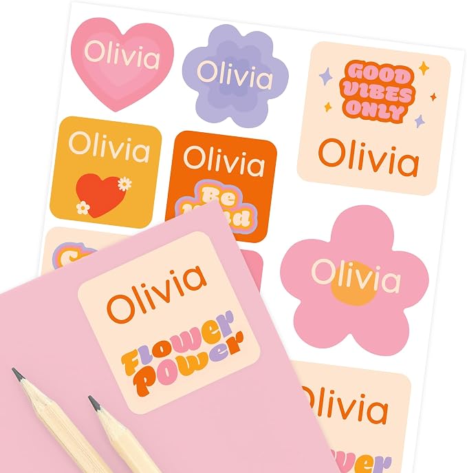Camp Name Labels for Kids (33) – Personalized Stickers & Daycare Labels – Waterproof for Water Bottles, Lunch Boxes & School - Flower Power