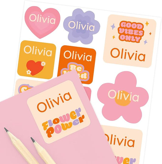 Camp Name Labels for Kids (33) – Personalized Stickers & Daycare Labels – Waterproof for Water Bottles, Lunch Boxes & School - Flower Power