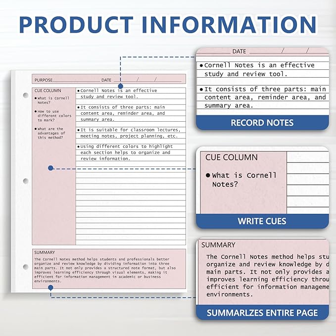200 Sheet Colored Cornell Notes Loose Leaf Paper 8.5×11 Inch for 3 Ring Binder College Ruled Taking System Filler Paper Letter Size Notebook Refill Paper Bulk for School Office Business Home 80gsm